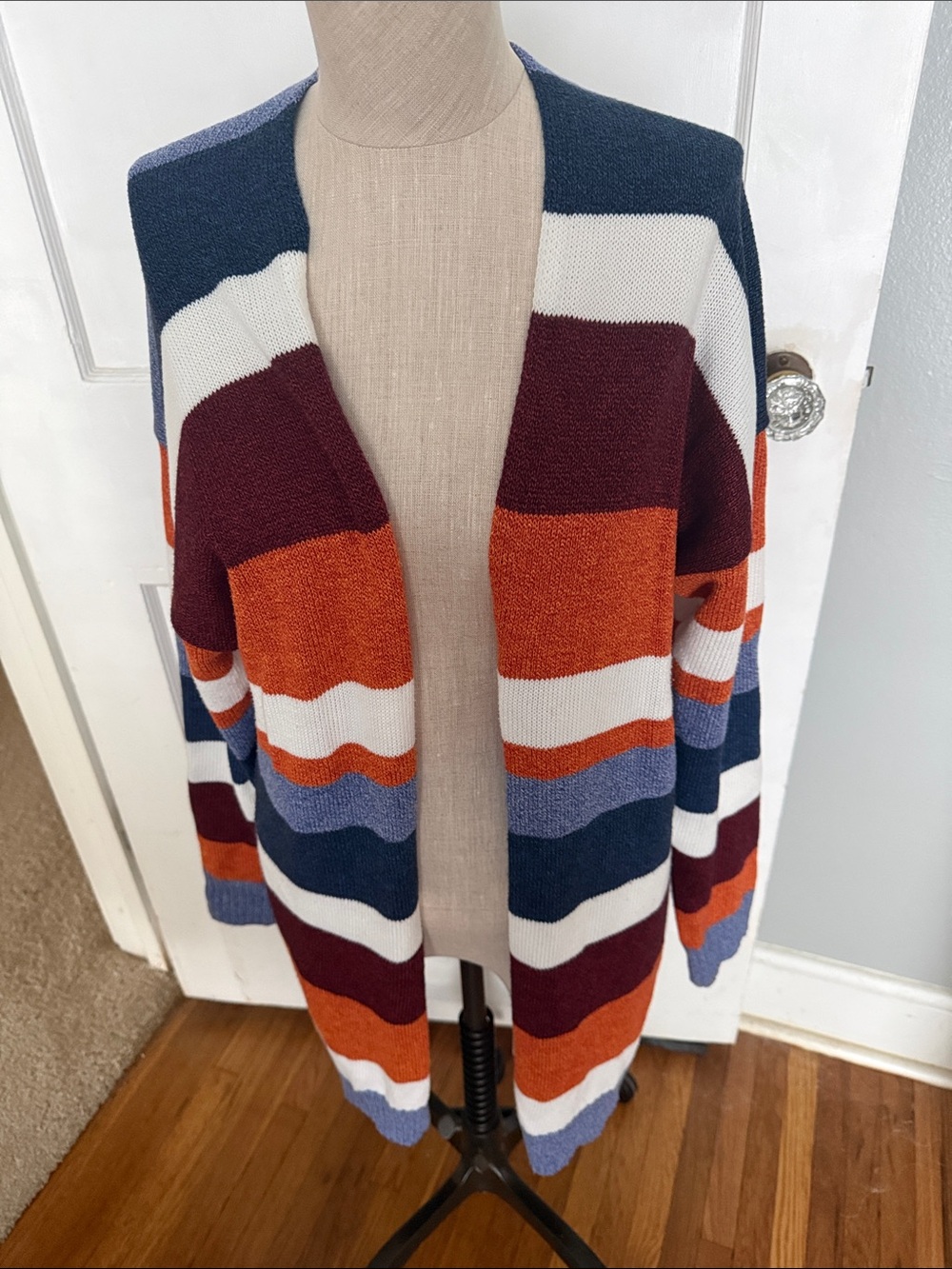 Striped Open-Front Cardigan Sweater in Navy, Rust, Burgundy, White & Blue